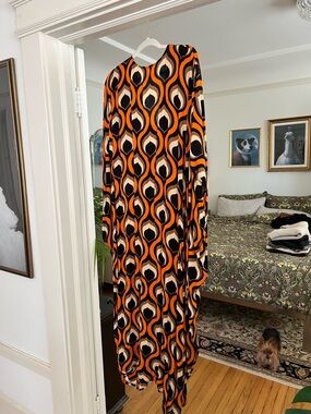 Free People Orange & Black Retro-Print Long Sleeve Kaftan
